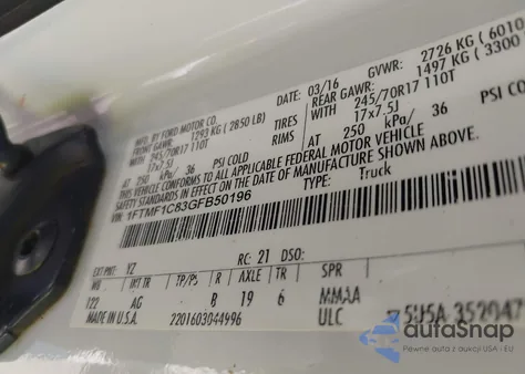 2016 Ford F-150 Xl z USA, uszkodzony, nr VIN 1FTMF1C83GFB50196